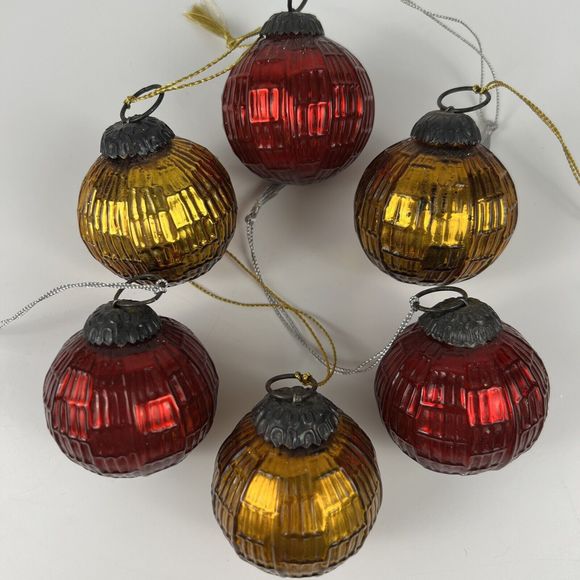 Vtg Kugel Style Thick Mercury Glass Scarlet Red &‎ Amber Ball Ornaments Set/6 - Picture 8 of 12